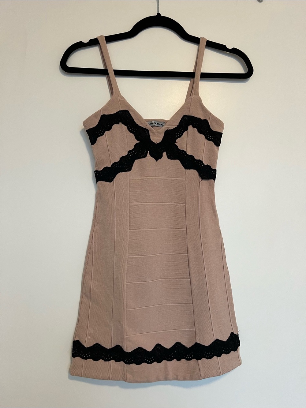 Vintage 2007 Bandage Dress Pink Spaghetti-Strap Mini Dress with Black Lace Trim